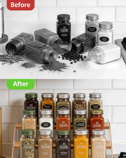 Tiered Spice Rack Organizer for Countertop & Cabinet, 3-Tier 12in Kitchen Seasoning Storage Shelf, Space Saving Standing Spice Organizer, Wooden & Acrylic, Rustic Brown