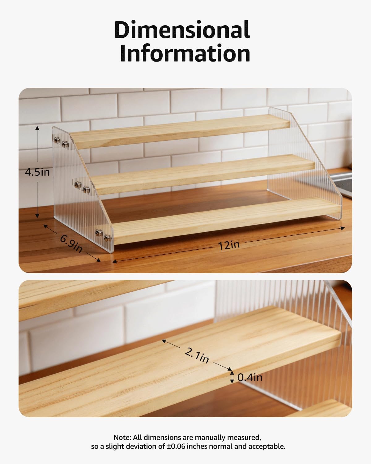 Tiered Spice Rack Organizer for Countertop & Cabinet, 3-Tier 12in Kitchen Seasoning Storage Shelf, Space Saving Standing Spice Organizer, Wooden & Acrylic, Rustic Brown