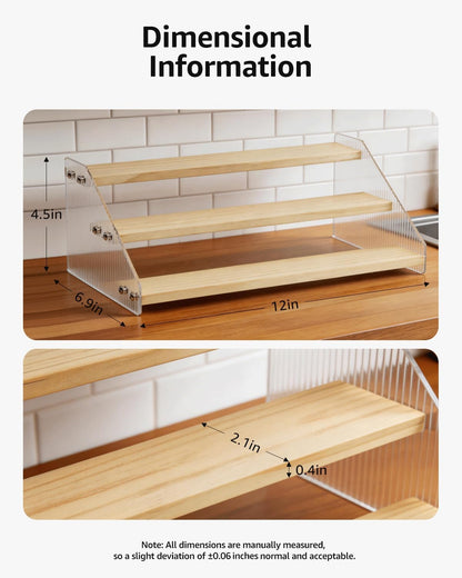 Tiered Spice Rack Organizer for Countertop & Cabinet, 3-Tier 12in Kitchen Seasoning Storage Shelf, Space Saving Standing Spice Organizer, Wooden & Acrylic, Rustic Brown