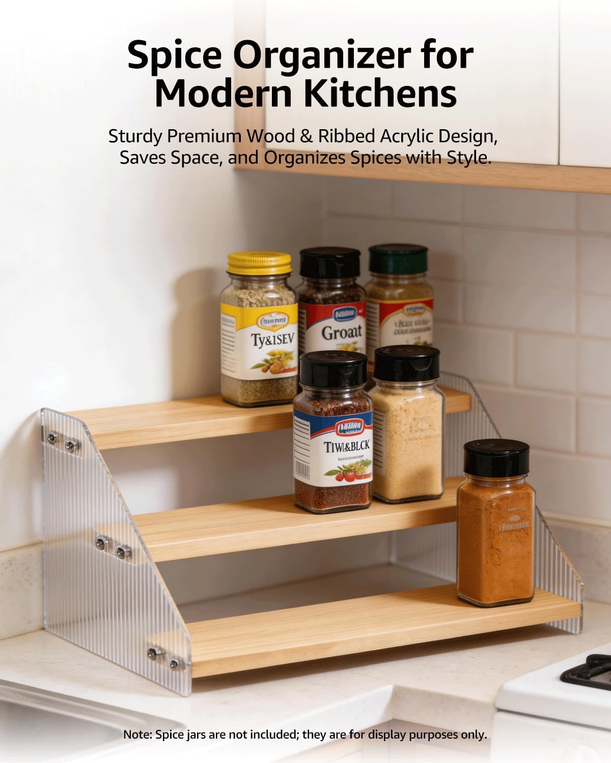 Tiered Spice Rack Organizer for Countertop & Cabinet, 3-Tier 12in Kitchen Seasoning Storage Shelf, Space Saving Standing Spice Organizer, Wooden & Acrylic, Rustic Brown