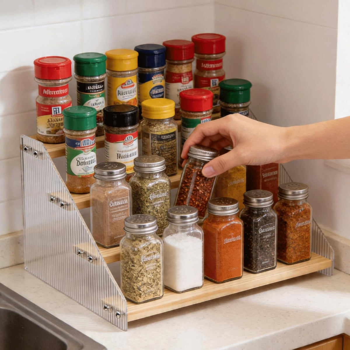 Tiered Spice Rack Organizer for Countertop & Cabinet, 3-Tier 12in Kitchen Seasoning Storage Shelf, Space Saving Standing Spice Organizer, Wooden & Acrylic, Rustic Brown