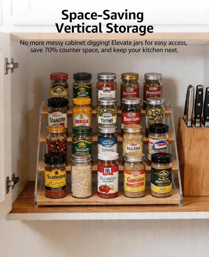 Tiered Spice Rack Organizer for Countertop & Cabinet, 3-Tier 12in Kitchen Seasoning Storage Shelf, Space Saving Standing Spice Organizer, Wooden & Acrylic, Rustic Brown