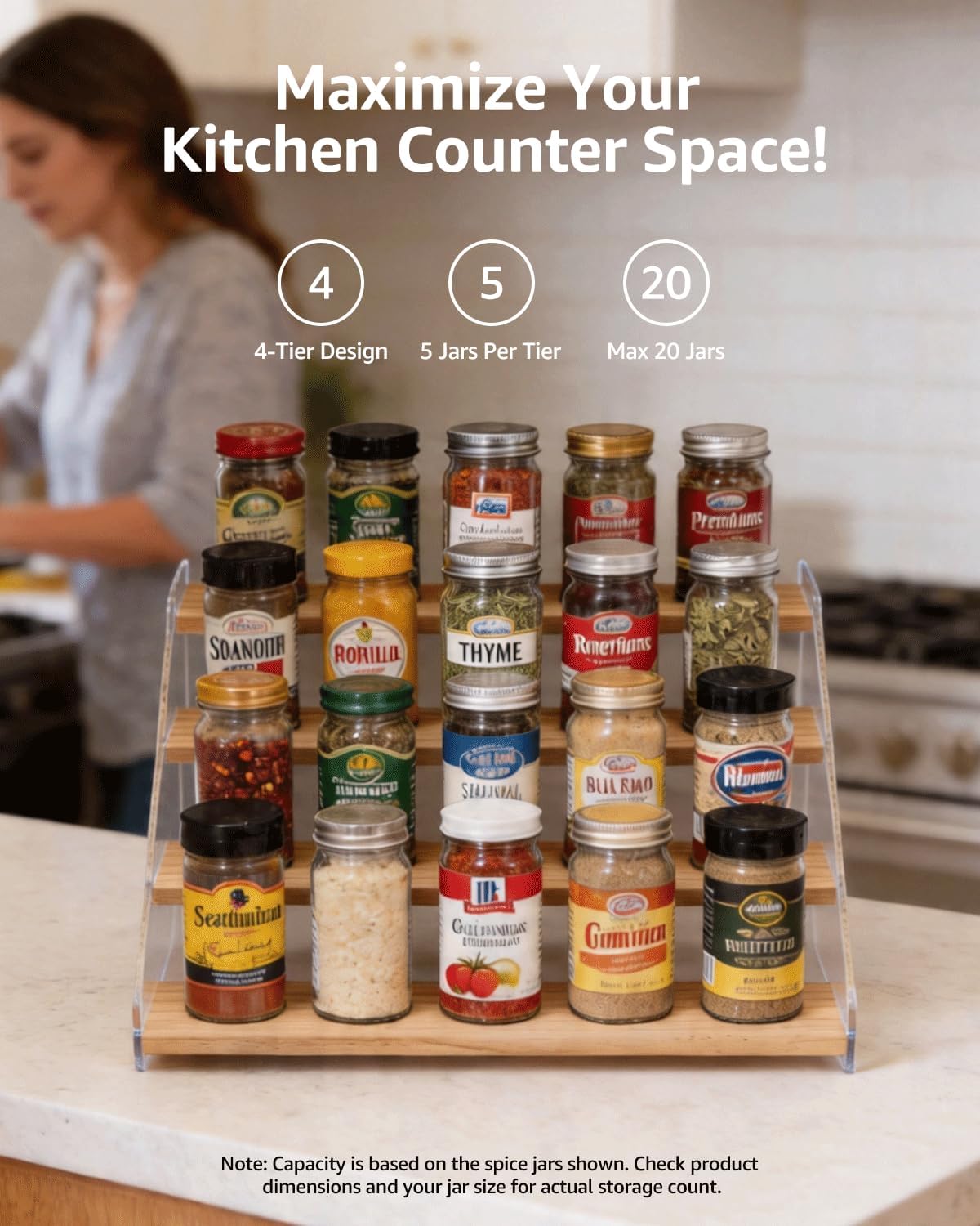 Tiered Spice Rack Organizer for Countertop & Cabinet, 3-Tier 12in Kitchen Seasoning Storage Shelf, Space Saving Standing Spice Organizer, Wooden & Acrylic, Rustic Brown
