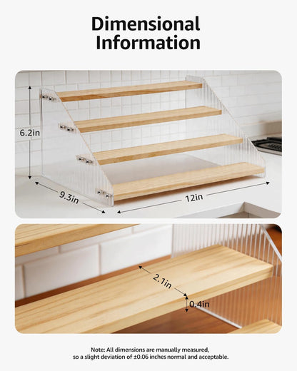 Tiered Spice Rack Organizer for Countertop & Cabinet, 3-Tier 12in Kitchen Seasoning Storage Shelf, Space Saving Standing Spice Organizer, Wooden & Acrylic, Rustic Brown