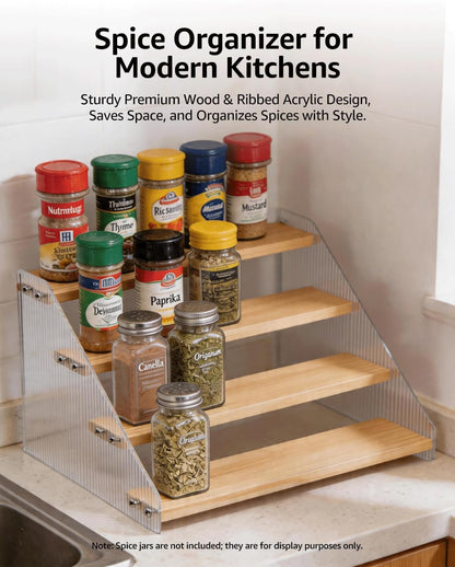 Tiered Spice Rack Organizer for Countertop & Cabinet, 3-Tier 12in Kitchen Seasoning Storage Shelf, Space Saving Standing Spice Organizer, Wooden & Acrylic, Rustic Brown