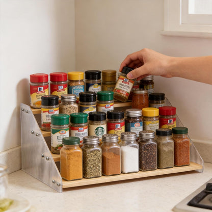 Tiered Spice Rack Organizer for Countertop & Cabinet, 3-Tier 12in Kitchen Seasoning Storage Shelf, Space Saving Standing Spice Organizer, Wooden & Acrylic, Rustic Brown