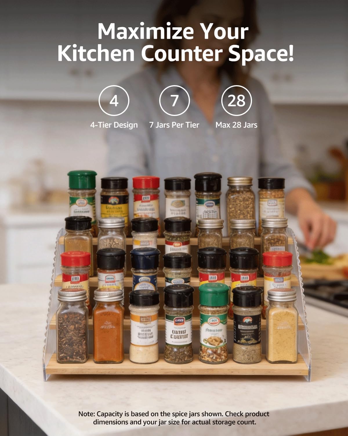 Tiered Spice Rack Organizer for Countertop & Cabinet, 3-Tier 12in Kitchen Seasoning Storage Shelf, Space Saving Standing Spice Organizer, Wooden & Acrylic, Rustic Brown