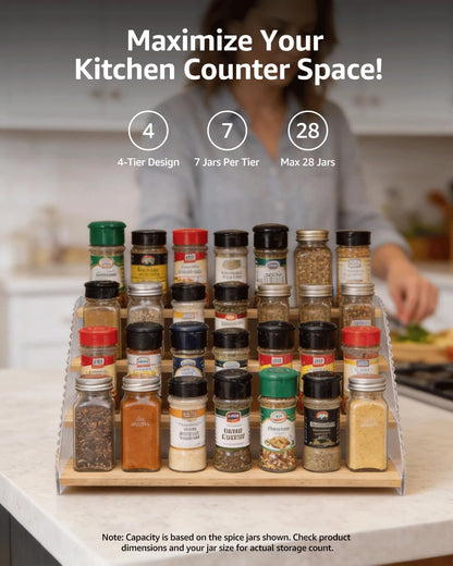 Tiered Spice Rack Organizer for Countertop & Cabinet, 3-Tier 12in Kitchen Seasoning Storage Shelf, Space Saving Standing Spice Organizer, Wooden & Acrylic, Rustic Brown