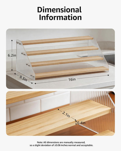 Tiered Spice Rack Organizer for Countertop & Cabinet, 3-Tier 12in Kitchen Seasoning Storage Shelf, Space Saving Standing Spice Organizer, Wooden & Acrylic, Rustic Brown