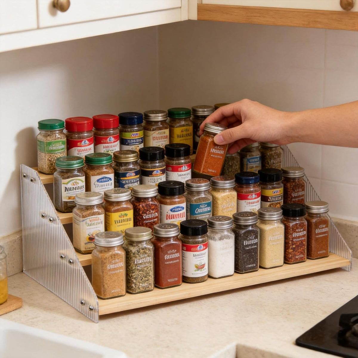Tiered Spice Rack Organizer for Countertop & Cabinet, 3-Tier 12in Kitchen Seasoning Storage Shelf, Space Saving Standing Spice Organizer, Wooden & Acrylic, Rustic Brown