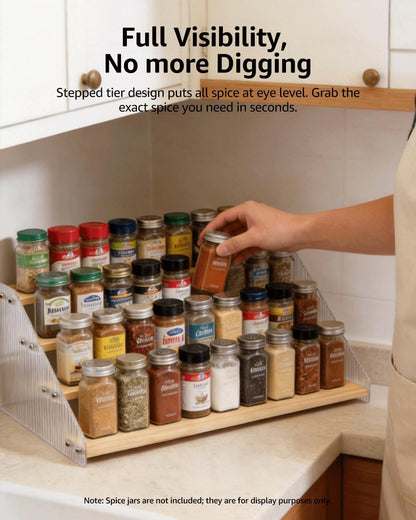 Tiered Spice Rack Organizer for Countertop & Cabinet, 3-Tier 12in Kitchen Seasoning Storage Shelf, Space Saving Standing Spice Organizer, Wooden & Acrylic, Rustic Brown