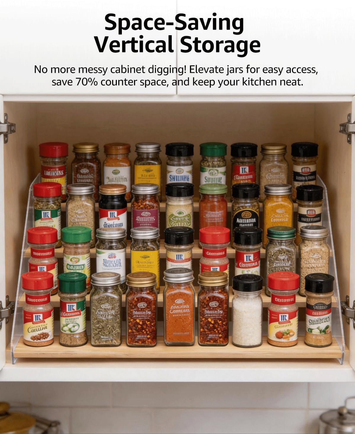 Tiered Spice Rack Organizer for Countertop & Cabinet, 3-Tier 12in Kitchen Seasoning Storage Shelf, Space Saving Standing Spice Organizer, Wooden & Acrylic, Rustic Brown