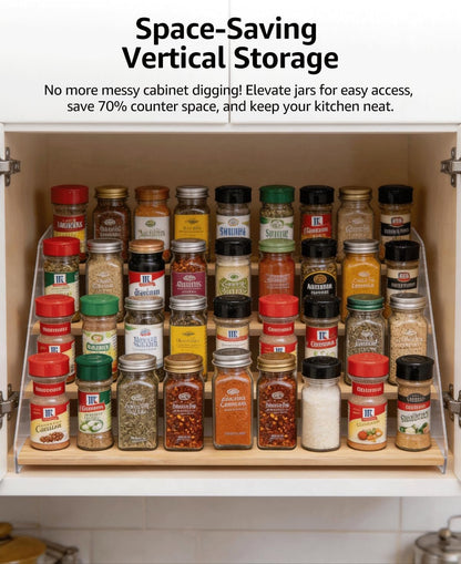 Tiered Spice Rack Organizer for Countertop & Cabinet, 3-Tier 12in Kitchen Seasoning Storage Shelf, Space Saving Standing Spice Organizer, Wooden & Acrylic, Rustic Brown