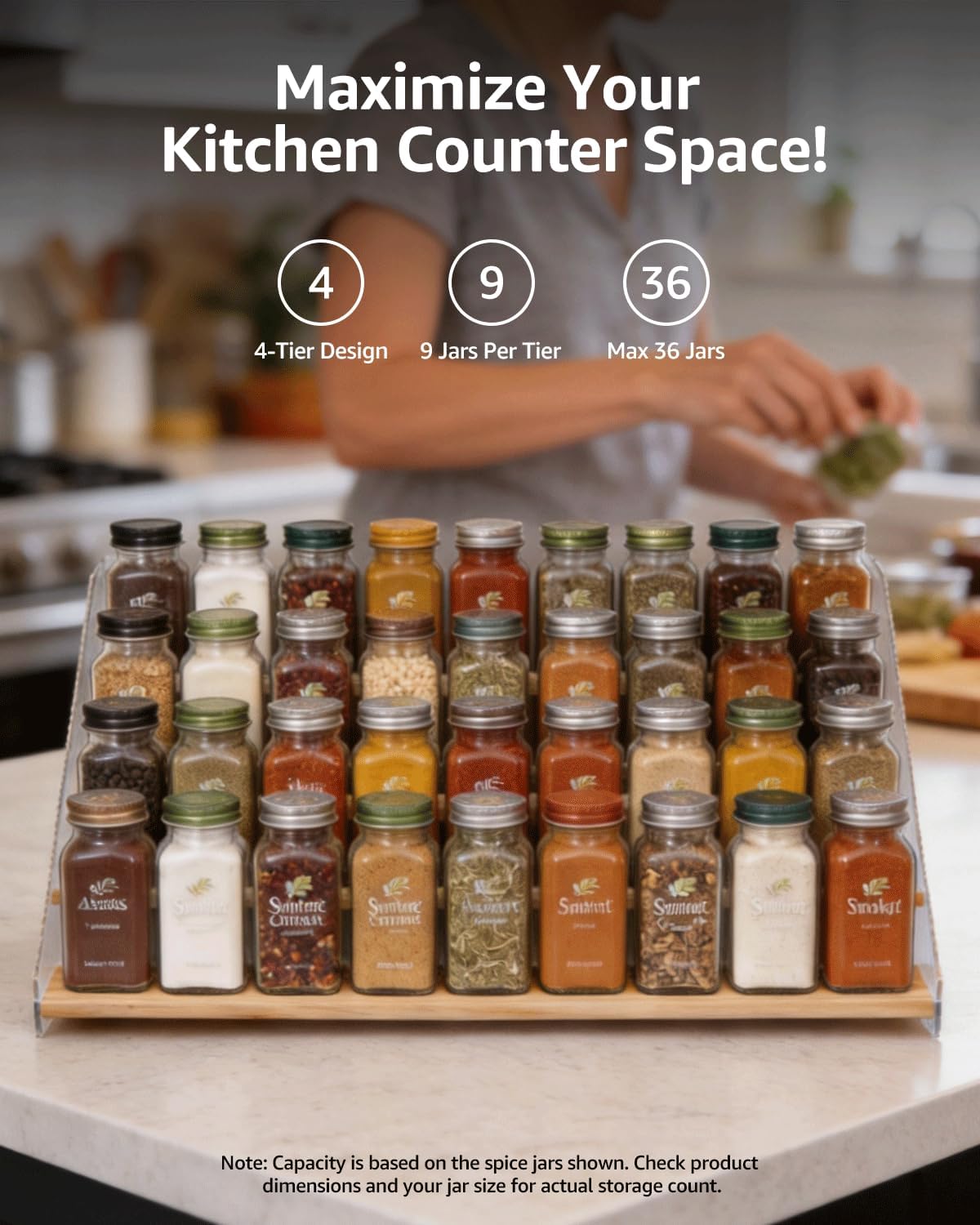 Tiered Spice Rack Organizer for Countertop & Cabinet, 3-Tier 12in Kitchen Seasoning Storage Shelf, Space Saving Standing Spice Organizer, Wooden & Acrylic, Rustic Brown