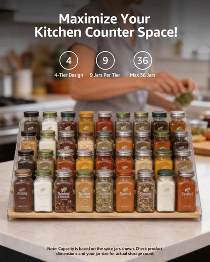 Tiered Spice Rack Organizer for Countertop & Cabinet, 3-Tier 12in Kitchen Seasoning Storage Shelf, Space Saving Standing Spice Organizer, Wooden & Acrylic, Rustic Brown