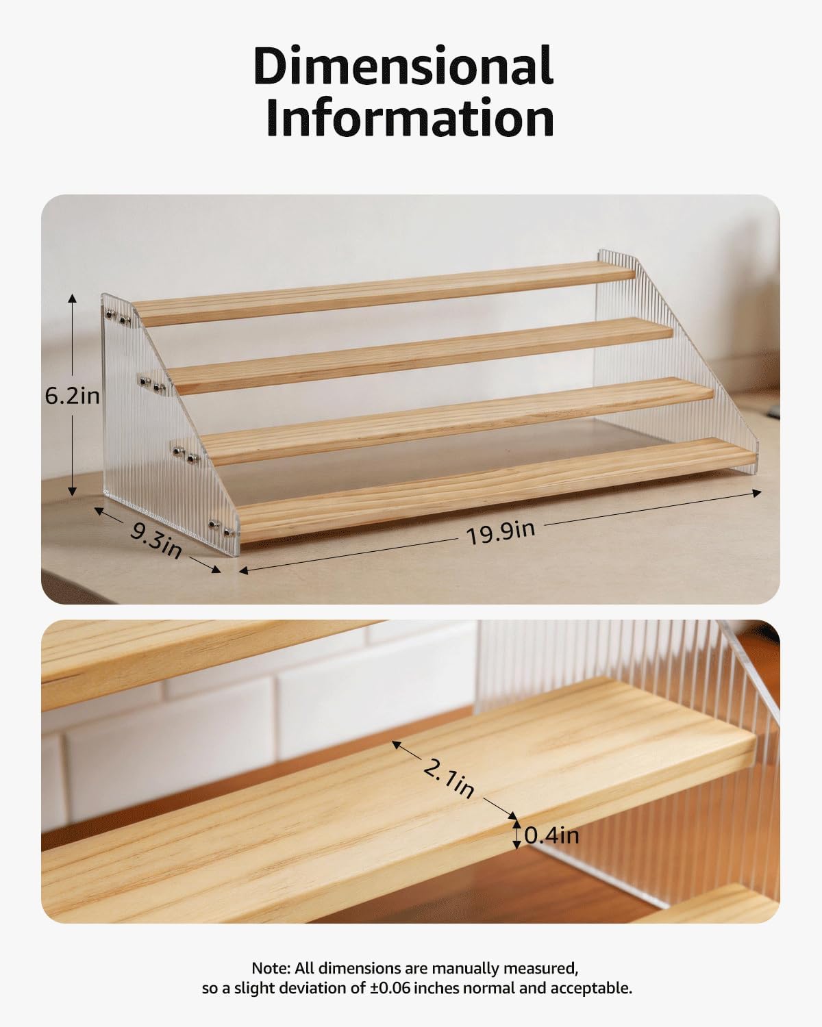 Tiered Spice Rack Organizer for Countertop & Cabinet, 3-Tier 12in Kitchen Seasoning Storage Shelf, Space Saving Standing Spice Organizer, Wooden & Acrylic, Rustic Brown