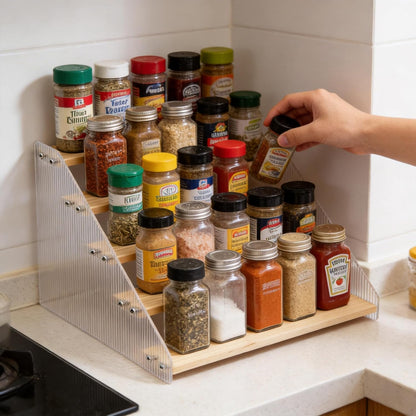Tiered Spice Rack Organizer for Countertop & Cabinet, 3-Tier 12in Kitchen Seasoning Storage Shelf, Space Saving Standing Spice Organizer, Wooden & Acrylic, Rustic Brown