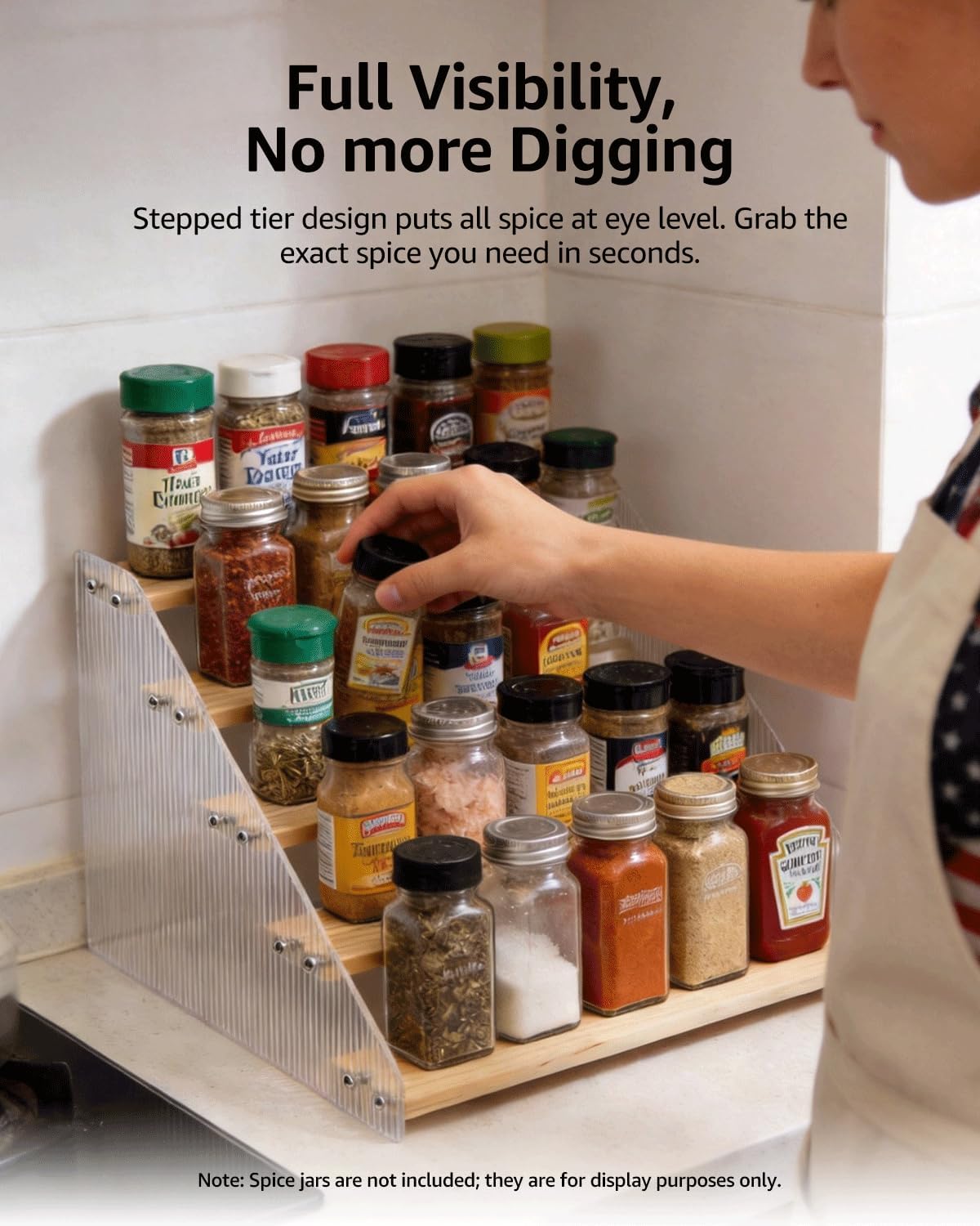 Tiered Spice Rack Organizer for Countertop & Cabinet, 3-Tier 12in Kitchen Seasoning Storage Shelf, Space Saving Standing Spice Organizer, Wooden & Acrylic, Rustic Brown