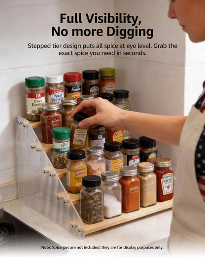 Tiered Spice Rack Organizer for Countertop & Cabinet, 3-Tier 12in Kitchen Seasoning Storage Shelf, Space Saving Standing Spice Organizer, Wooden & Acrylic, Rustic Brown