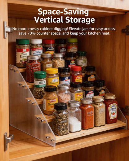 Tiered Spice Rack Organizer for Countertop & Cabinet, 3-Tier 12in Kitchen Seasoning Storage Shelf, Space Saving Standing Spice Organizer, Wooden & Acrylic, Rustic Brown