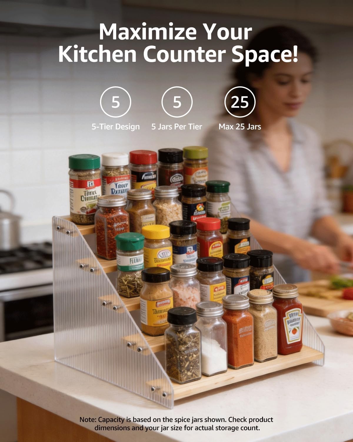 Tiered Spice Rack Organizer for Countertop & Cabinet, 3-Tier 12in Kitchen Seasoning Storage Shelf, Space Saving Standing Spice Organizer, Wooden & Acrylic, Rustic Brown