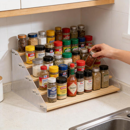 Tiered Spice Rack Organizer for Countertop & Cabinet, 3-Tier 12in Kitchen Seasoning Storage Shelf, Space Saving Standing Spice Organizer, Wooden & Acrylic, Rustic Brown