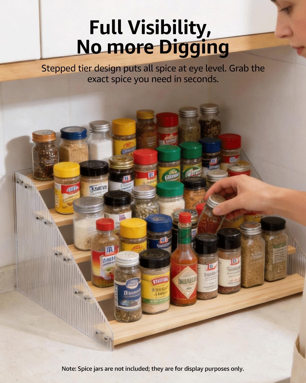 Tiered Spice Rack Organizer for Countertop & Cabinet, 3-Tier 12in Kitchen Seasoning Storage Shelf, Space Saving Standing Spice Organizer, Wooden & Acrylic, Rustic Brown