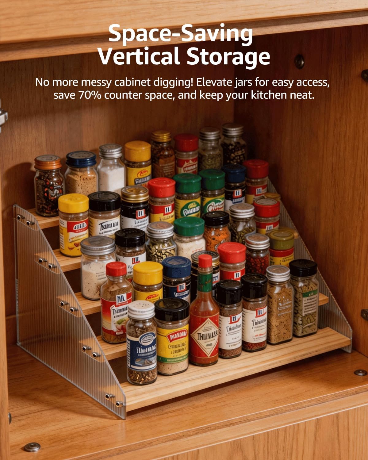 Tiered Spice Rack Organizer for Countertop & Cabinet, 3-Tier 12in Kitchen Seasoning Storage Shelf, Space Saving Standing Spice Organizer, Wooden & Acrylic, Rustic Brown