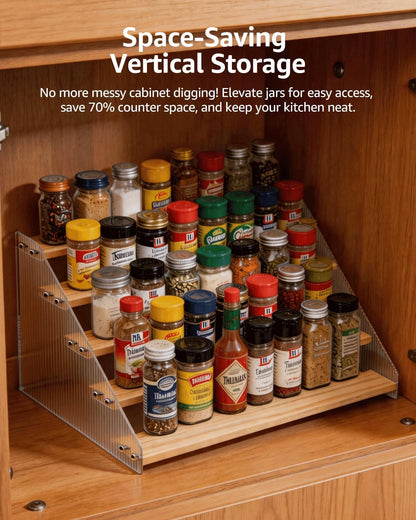 Tiered Spice Rack Organizer for Countertop & Cabinet, 3-Tier 12in Kitchen Seasoning Storage Shelf, Space Saving Standing Spice Organizer, Wooden & Acrylic, Rustic Brown