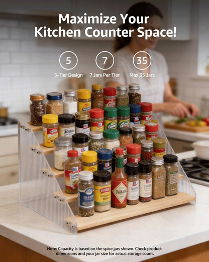 Tiered Spice Rack Organizer for Countertop & Cabinet, 3-Tier 12in Kitchen Seasoning Storage Shelf, Space Saving Standing Spice Organizer, Wooden & Acrylic, Rustic Brown