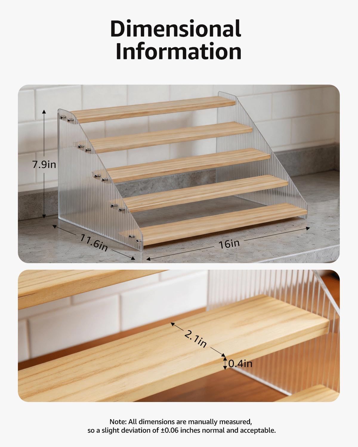 Tiered Spice Rack Organizer for Countertop & Cabinet, 3-Tier 12in Kitchen Seasoning Storage Shelf, Space Saving Standing Spice Organizer, Wooden & Acrylic, Rustic Brown
