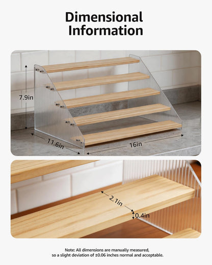 Tiered Spice Rack Organizer for Countertop & Cabinet, 3-Tier 12in Kitchen Seasoning Storage Shelf, Space Saving Standing Spice Organizer, Wooden & Acrylic, Rustic Brown