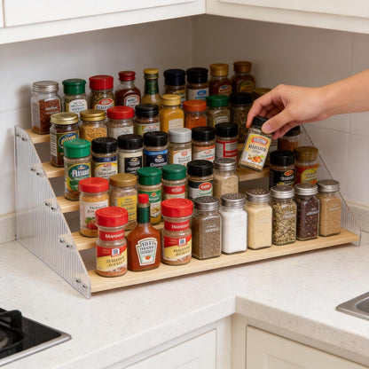 Tiered Spice Rack Organizer for Countertop & Cabinet, 3-Tier 12in Kitchen Seasoning Storage Shelf, Space Saving Standing Spice Organizer, Wooden & Acrylic, Rustic Brown