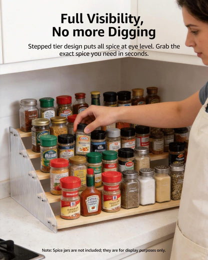 Tiered Spice Rack Organizer for Countertop & Cabinet, 3-Tier 12in Kitchen Seasoning Storage Shelf, Space Saving Standing Spice Organizer, Wooden & Acrylic, Rustic Brown