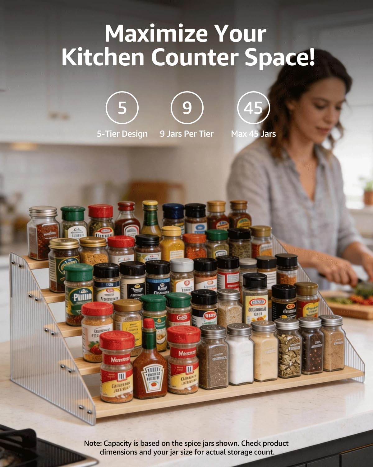 Tiered Spice Rack Organizer for Countertop & Cabinet, 3-Tier 12in Kitchen Seasoning Storage Shelf, Space Saving Standing Spice Organizer, Wooden & Acrylic, Rustic Brown