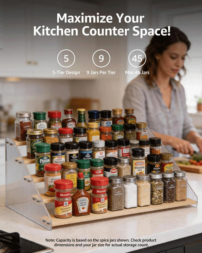 Tiered Spice Rack Organizer for Countertop & Cabinet, 3-Tier 12in Kitchen Seasoning Storage Shelf, Space Saving Standing Spice Organizer, Wooden & Acrylic, Rustic Brown