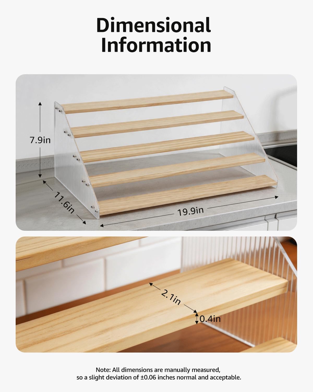 Tiered Spice Rack Organizer for Countertop & Cabinet, 3-Tier 12in Kitchen Seasoning Storage Shelf, Space Saving Standing Spice Organizer, Wooden & Acrylic, Rustic Brown