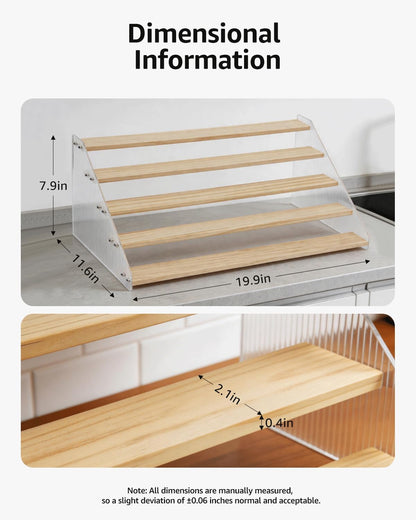 Tiered Spice Rack Organizer for Countertop & Cabinet, 3-Tier 12in Kitchen Seasoning Storage Shelf, Space Saving Standing Spice Organizer, Wooden & Acrylic, Rustic Brown
