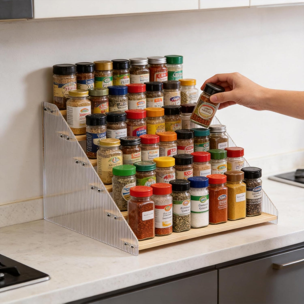 Tiered Spice Rack Organizer for Countertop & Cabinet, 3-Tier 12in Kitchen Seasoning Storage Shelf, Space Saving Standing Spice Organizer, Wooden & Acrylic, Rustic Brown