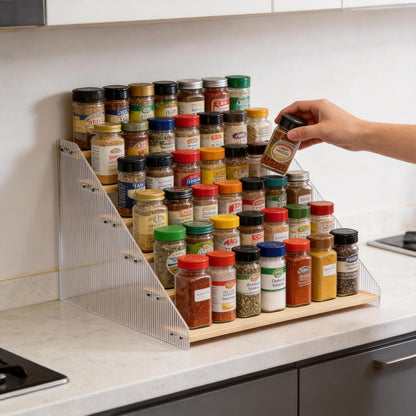 Tiered Spice Rack Organizer for Countertop & Cabinet, 3-Tier 12in Kitchen Seasoning Storage Shelf, Space Saving Standing Spice Organizer, Wooden & Acrylic, Rustic Brown