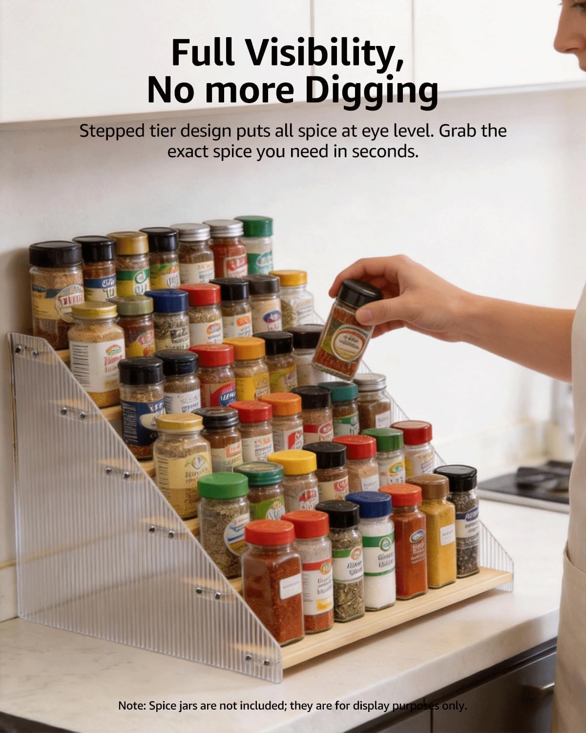 Tiered Spice Rack Organizer for Countertop & Cabinet, 3-Tier 12in Kitchen Seasoning Storage Shelf, Space Saving Standing Spice Organizer, Wooden & Acrylic, Rustic Brown