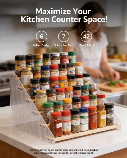 Tiered Spice Rack Organizer for Countertop & Cabinet, 3-Tier 12in Kitchen Seasoning Storage Shelf, Space Saving Standing Spice Organizer, Wooden & Acrylic, Rustic Brown