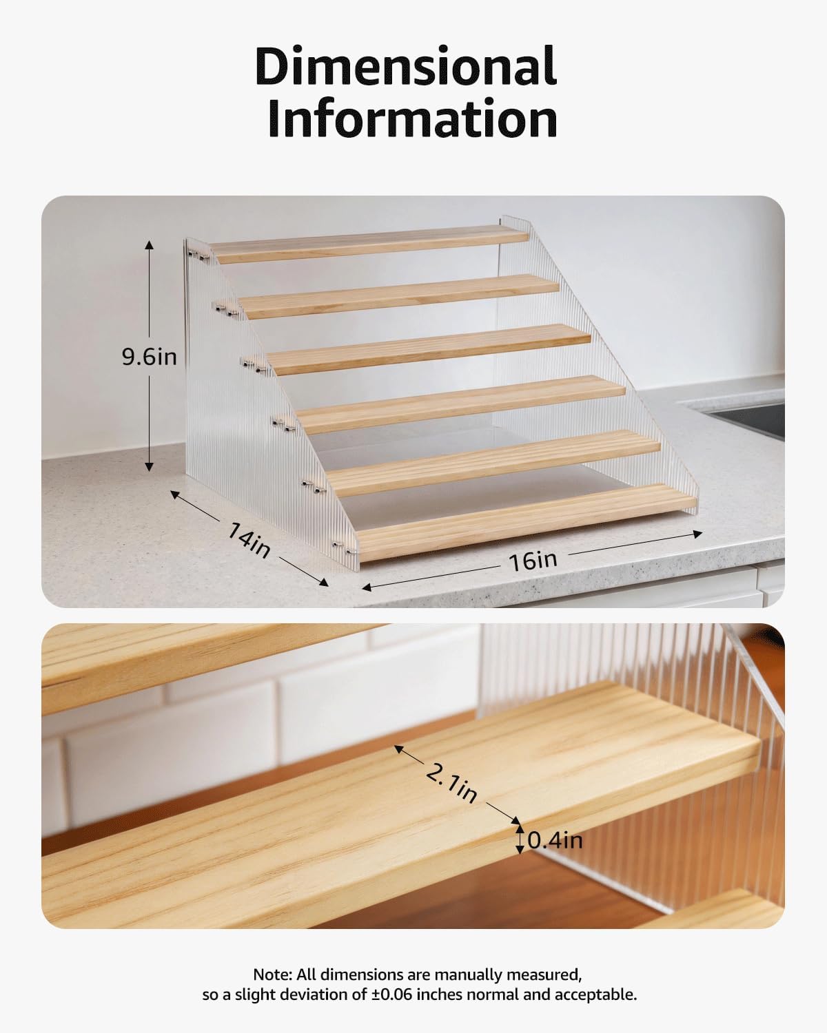 Tiered Spice Rack Organizer for Countertop & Cabinet, 3-Tier 12in Kitchen Seasoning Storage Shelf, Space Saving Standing Spice Organizer, Wooden & Acrylic, Rustic Brown