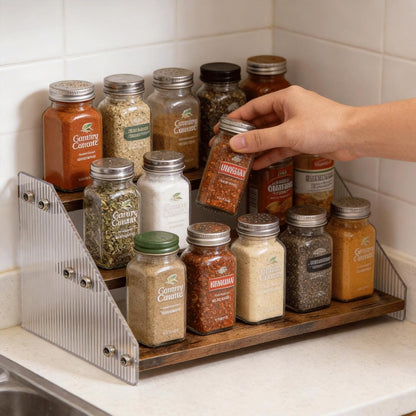 Tiered Spice Rack Organizer for Countertop & Cabinet, 3-Tier 12in Kitchen Seasoning Storage Shelf, Space Saving Standing Spice Organizer, Wooden & Acrylic, Rustic Brown