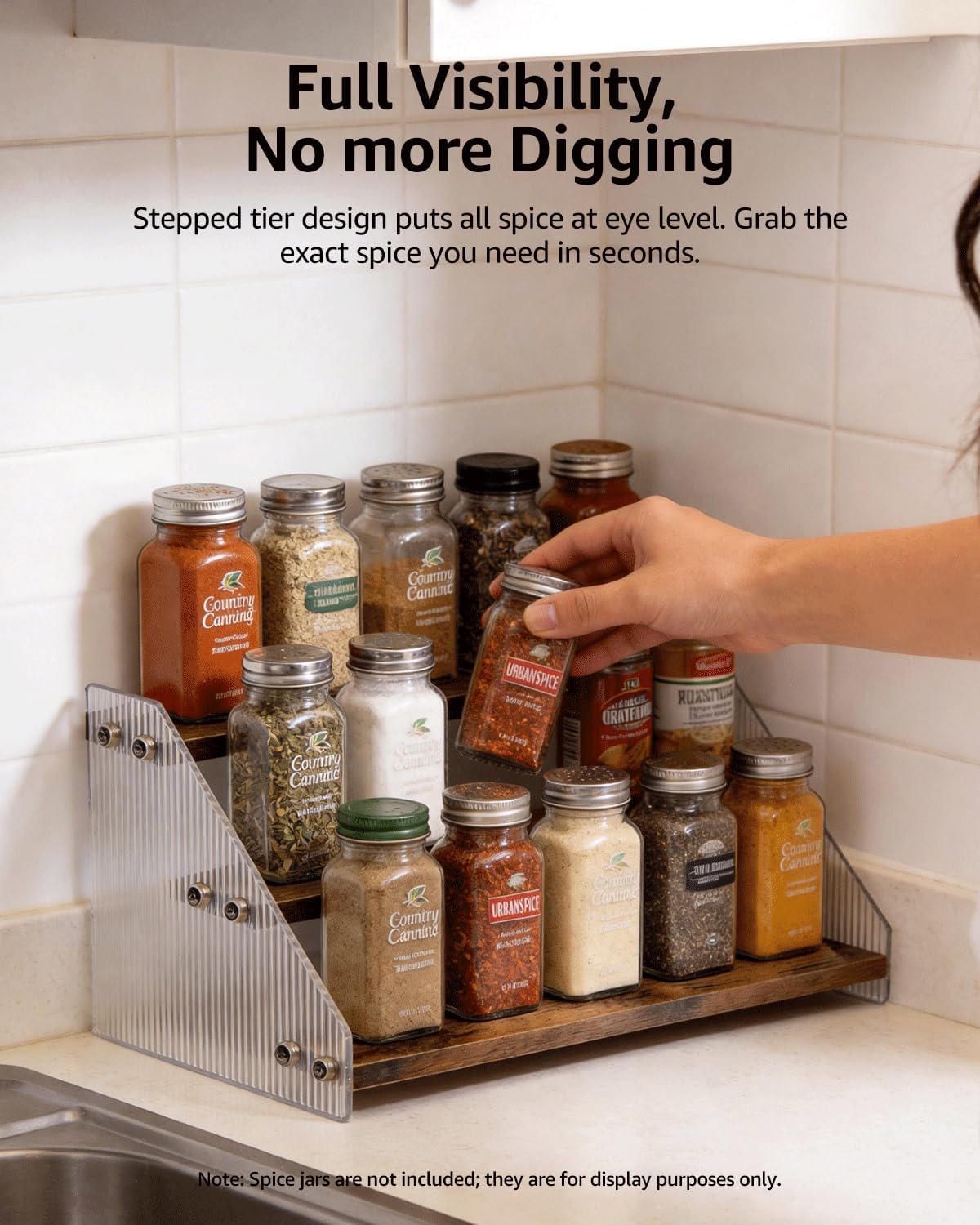 Tiered Spice Rack Organizer for Countertop & Cabinet, 3-Tier 12in Kitchen Seasoning Storage Shelf, Space Saving Standing Spice Organizer, Wooden & Acrylic, Rustic Brown