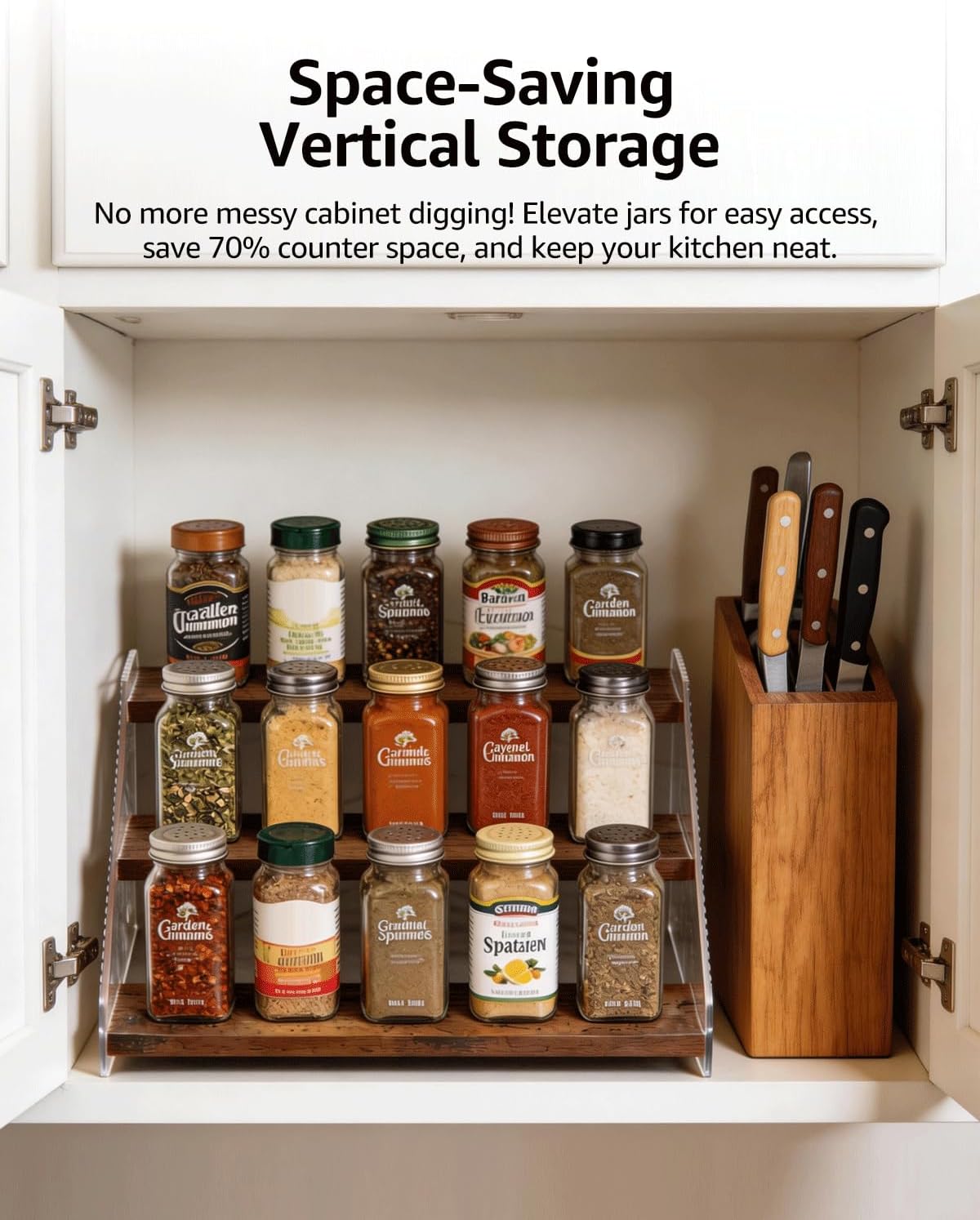 Tiered Spice Rack Organizer for Countertop & Cabinet, 3-Tier 12in Kitchen Seasoning Storage Shelf, Space Saving Standing Spice Organizer, Wooden & Acrylic, Rustic Brown