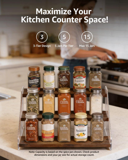 Tiered Spice Rack Organizer for Countertop & Cabinet, 3-Tier 12in Kitchen Seasoning Storage Shelf, Space Saving Standing Spice Organizer, Wooden & Acrylic, Rustic Brown