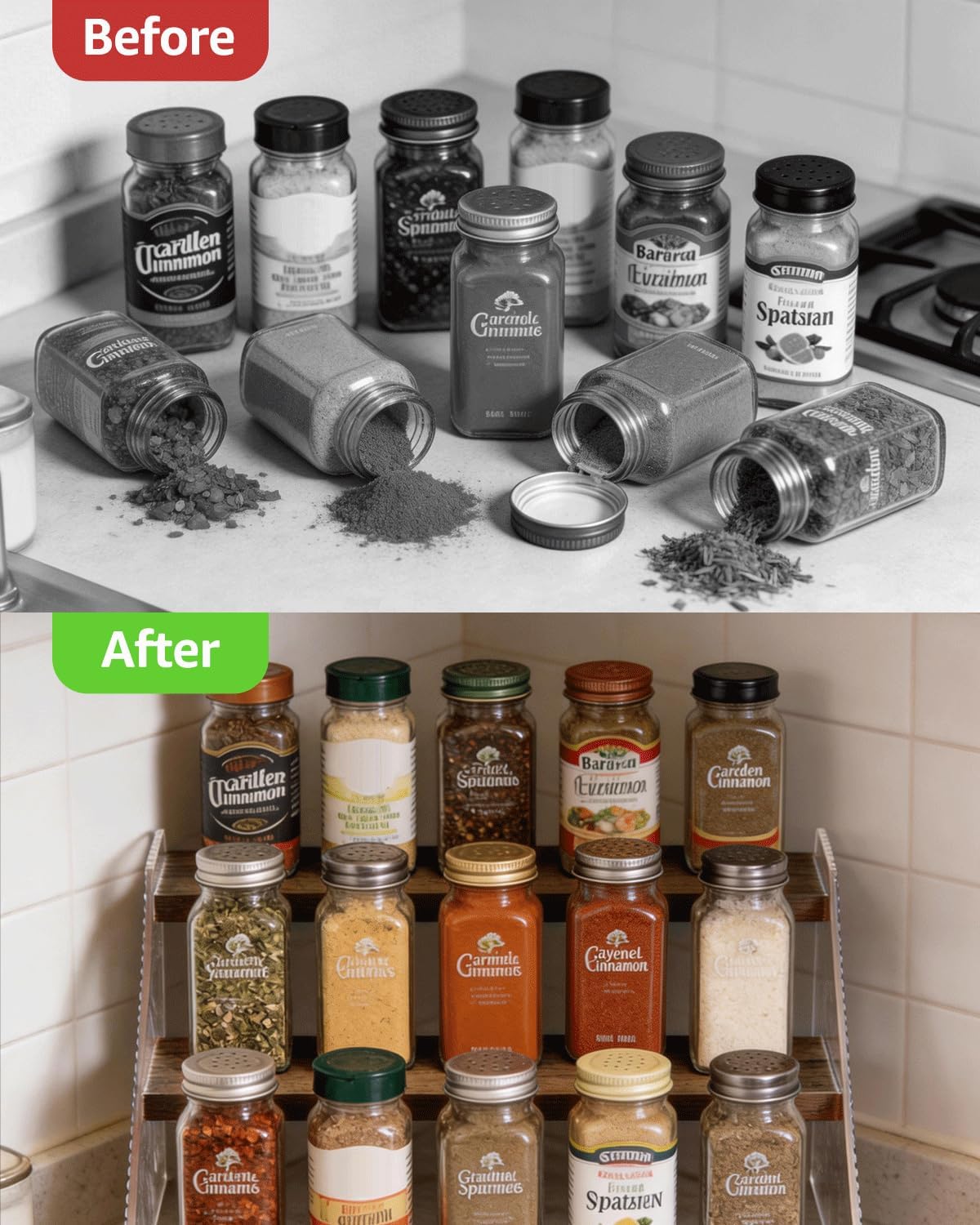 Tiered Spice Rack Organizer for Countertop & Cabinet, 3-Tier 12in Kitchen Seasoning Storage Shelf, Space Saving Standing Spice Organizer, Wooden & Acrylic, Rustic Brown
