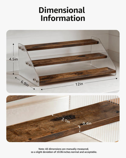 Tiered Spice Rack Organizer for Countertop & Cabinet, 3-Tier 12in Kitchen Seasoning Storage Shelf, Space Saving Standing Spice Organizer, Wooden & Acrylic, Rustic Brown