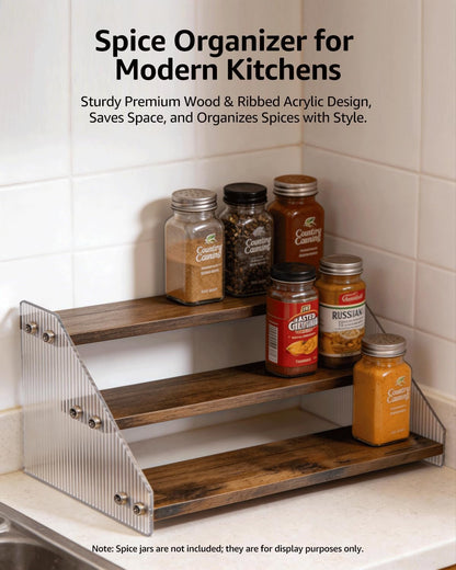 Tiered Spice Rack Organizer for Countertop & Cabinet, 3-Tier 12in Kitchen Seasoning Storage Shelf, Space Saving Standing Spice Organizer, Wooden & Acrylic, Rustic Brown